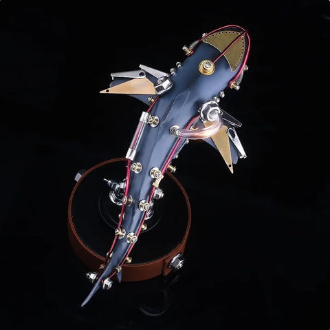 Top view of Steampunk Mutant Shark Metal Model Kit With 217 Pieces 3D DIY Puzzle Built in Brass Copper Alloy
