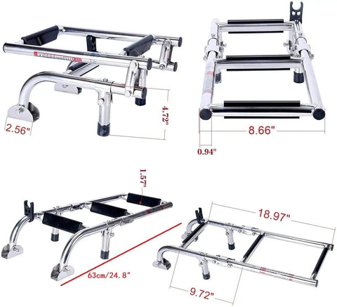 3 Step Stainless Steel Stern Mount Pontoon Boat Ladder With Rubber Grips For Easy Water Entry, dimensions shown