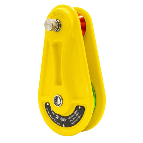 Heavy Duty Three Quarter Inch Cast Aluminum Block Pulley For Rigging, 8,800 Lb Working Load, Large Block With Wide Sheave, Protective Side Plates, Built For Tough Hoists And Big Rigging Jobs, yellow pulley side view