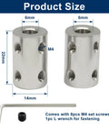 2 Pack 6mm To 6mm Bore Steel Rigid Shaft Coupling For Heavy Duty Precision Alignment In 3D Printers CNC Machines And Stepper Motors With M4 Set Screws And L Wrench Includes 22mm Length And 14mm Outside Diameter.