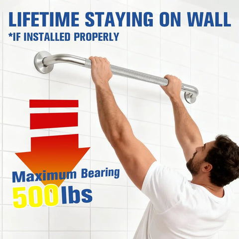 Man demonstrating Super Sturdy 24 Inch Stainless Steel Shower Grab Bar That Actually Holds Tight wall mounted for safety use.