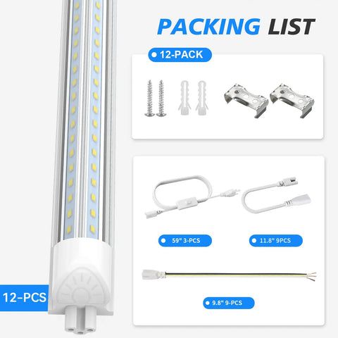 8 Foot LED Shop Light 100W 15000 Lumens 6500K Daylight White 12 Pack Linkable V Shape Tube Light for Garage Warehouse Basement Plug and Play Ultra Bright Energy Saving Commercial Lighting ETL
