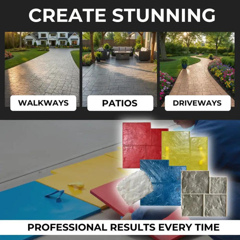 Slate Stone Concrete Stamps Mats Set Of 5 24 By 24 Inches Made In USA Durable Polyurethane With Flexible And Rigid Forms For Driveways And Patios Pro Grade Tools SM 3001 S5 shown in use on walkways, patios, and driveways for authentic texture.