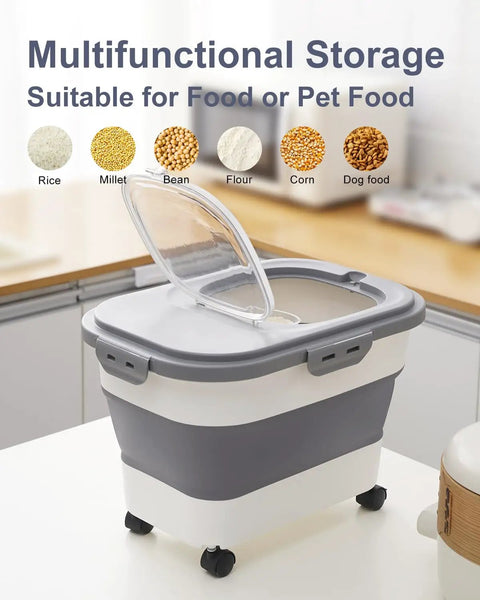 Space Saving Collapsible Rice Storage Container With 20 To 30 Lb Capacity Rolling Wheels Airtight Locking Lid Includes Cup And Scoop Great For Rice Flour Pet Food And More Sturdy Pantry Organizer For Kitchen in a kitchen setting