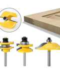 Solid 3-Piece Rail And Stile Router Bit Set With Ogee Door Knife And Tenon Cutter For Precision Cabinet And Furniture Work Using Pro Quality Bits, three router bits displayed.