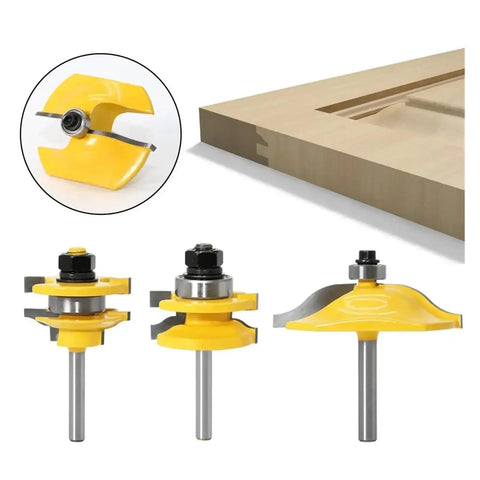 Solid 3-Piece Rail And Stile Router Bit Set With Ogee Door Knife And Tenon Cutter For Precision Cabinet And Furniture Work Using Pro Quality Bits, three router bits displayed.
