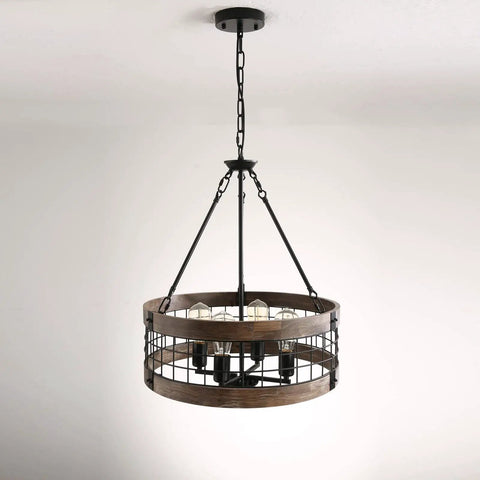 Gray 4 Light Retro Industrial Drum Pendant Chandelier With Wood Accents And Metal Finish, Hanging Ceiling Light Fixture, Dia 19 Inch