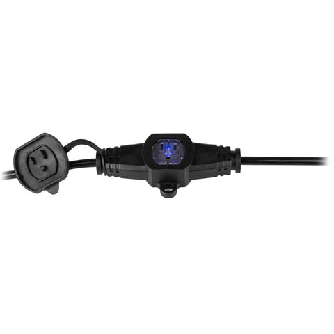 Close-up of Stage Boss Thirty Two Point Five Foot Heavy Duty Extension Cord with lighted outlet and protective cap.