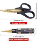 RC Car Body Reamer Kit 0-14mm Hole Puncher With Sleeve And Curved Scissors Set, showing tool measurements and labels