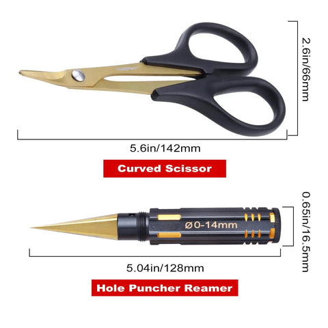 RC Car Body Reamer Kit 0-14mm Hole Puncher With Sleeve And Curved Scissors Set, showing tool measurements and labels