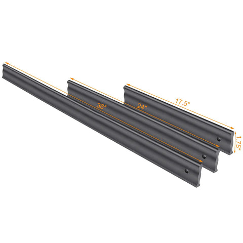 24 Inch Anodized Aluminum Straight Edge Ruler For Checking Surface Straightness And Machinery Alignment, Precision Marking And Scribing Tool For Woodworking, DIY Projects, With Easy Storage Hanging Hole. Black aluminum straight edge set in 24, 36, 17.5 in sizes.