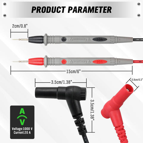 Two Piece Multimeter Test Probes Kit With Ultra Sharp Alloy Tips CAT III 1000V 20A Leads, durable double insulated PVC.