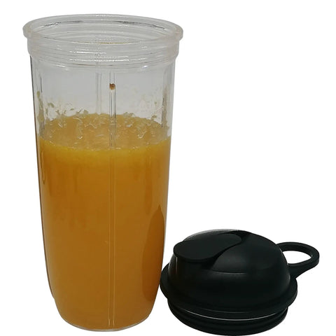 24oz cup filled with orange juice next to a black to-go lid, part of Two Pack 24oz Cups With To Go Lids And Easy Twist Extractor Blade.