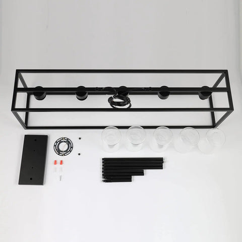 Components of the Five Light Farmhouse Kitchen Pendant Light In Black Industrial Rectangular Frame laid out for assembly.