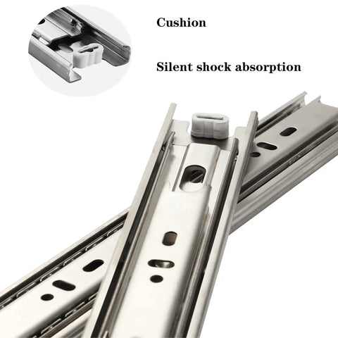 Stainless Steel Three Section Drawer Slides With Full Extension Ball Bearing Runners For Home Cabinets, Rust Resistant, Cushion Detail