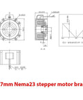 Front and side views of WUDOLI Nema23 stepper motor brake, 57x57 mm square frame, 8 mm shaft, 24V DC