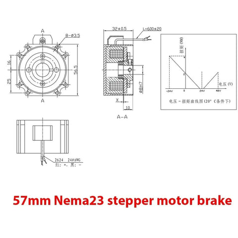 Technical drawing of 57x57mm Nema 23 stepper motor brake showing dimensions and electrical wiring for CNC machines.