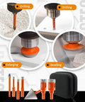 Diamond tile cutter kit with 8 orange triangle-shank bits 6-35mm, chamfer finger bit, 6mm carbide tips, case.