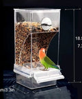 Auto Slider No Mess Bird Food Dispenser With Clear Acrylic Bowl designed for happy parakeets and small birds, showing dimensions and feed.