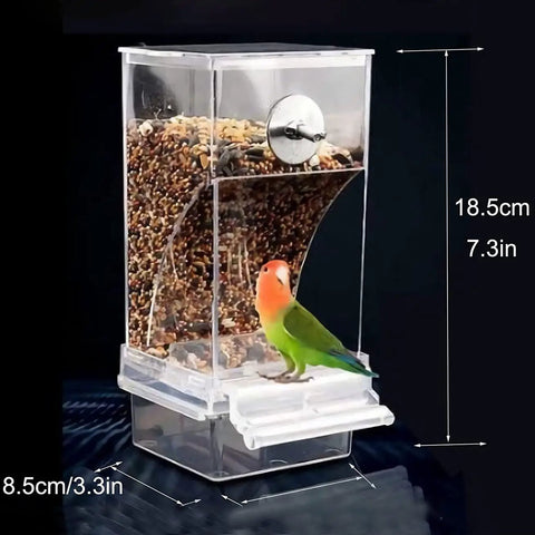 Auto Slider No Mess Bird Food Dispenser With Clear Acrylic Bowl designed for happy parakeets and small birds, showing dimensions and feed.