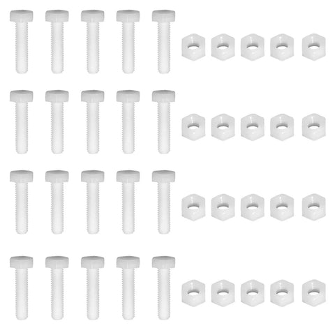 Premium Hardware Bundle Featuring 20 Pair M6x25mm White Nylon Hex Bolts Paired With Rust Resistant Plastic Hex Nuts for Sturdy DIY builds.