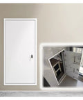 Heavy Duty Aluminum Laundry Chute Access Door For Drywall With Grip Tight Lock White 38X42 displayed on a wall with key.