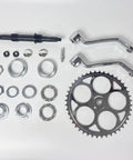 2 Inch Cup Bottom Bracket Conversion Kit For Bikes Converts One Piece Crank To Three Piece Includes 200mm Axle 36T And 44T Sprockets With 165mm Arm Cruiser Frame Compatible Silver Finish, laid out showing all components