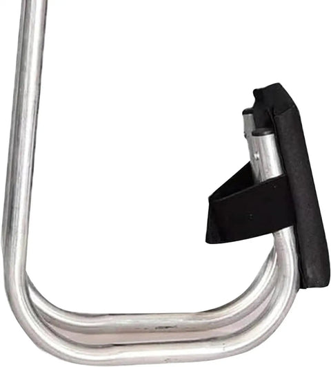 Close-up view of ergonomic knee seat frame, showing metal structure and strap-on kneeling pad for garden work support