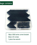 30 Sets 2020 Aluminum Extrusion Hardware Connectors With Screws And Wrench, shown in packaging with black corner brackets and screws