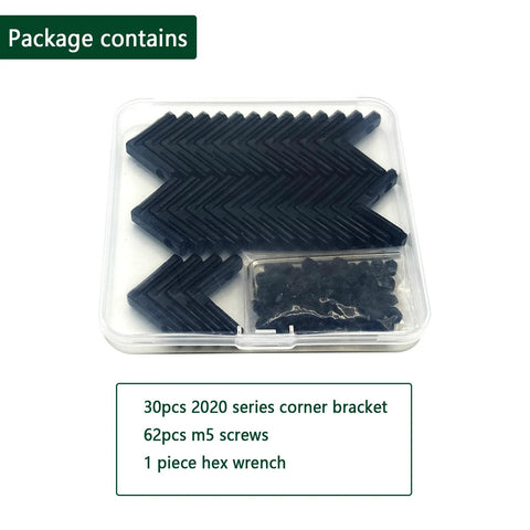 30 Sets 2020 Aluminum Extrusion Hardware Connectors With Screws And Wrench, shown in packaging with black corner brackets and screws