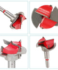SagaSave 30mm adjustable Forstner drill bit hole cutter for wood; red and silver metal, four-view collage