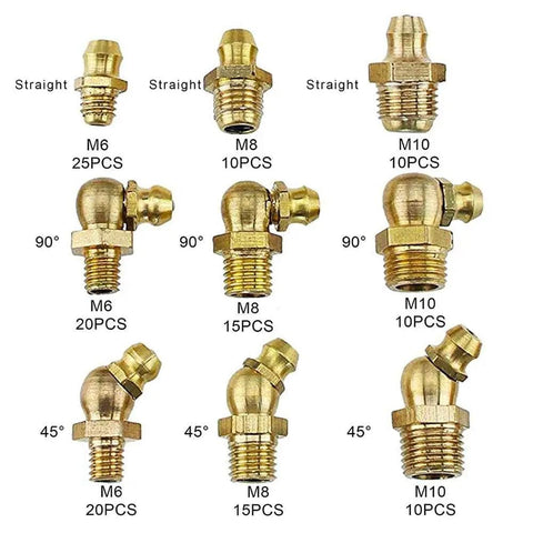 135 Piece Brass Zerk Grease Nipple Fittings Set M6 M8 M10 With 45 Degree And 90 Degree Angles For Cars Trucks And Excavators View