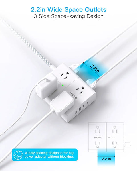 15 Foot Extension Cord With Flat Plug Surge Protector Power Strip Featuring Eight Widely Spaced Outlets And Four Fast Usb Charging Ports, showing wide spacing for plugs.