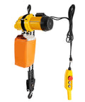 Beefy 2200 Lbs Electric Chain Hoist Smooth 110V Winch with remote control, safety hook, orange lifting bag for garage use.