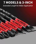 Front view of 10-piece screwdriver bit set with red shafts; includes Phillips #1-3 and slotted bits, 1/4" hex shank