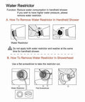 Instructions on removing water restrictor from handheld and showerhead of Next Level 5 Inch Anti Clog High Pressure 3 Way Large Dual Shower Head.