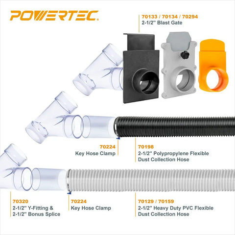 Two-Pack 2-1/2 Inch ID Y Fittings For 2-1/2 Inch OD Dust Collection Pipes With Built-In Couplers And Splices displayed with hoses