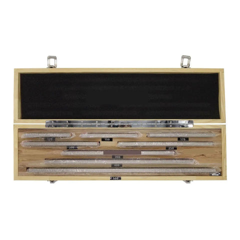Premium Eight Piece Setup Block Height Gauge Set Hella Accurate Hardened Steel Layout Bars in storage case with sizes labeled 125mm to 500mm.