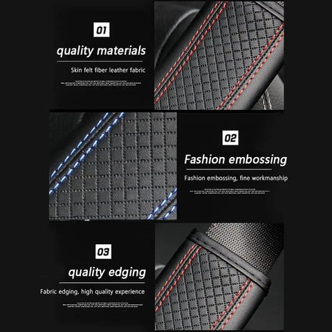 Universal Car Seat Belt Cover Pads Crafted From Breathable Leather With Thick Soft Sponge Padding, featuring embossed design and quality edging.