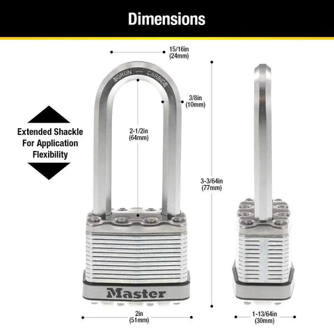 Built Tough Heavy Duty Outdoor Padlock With Key, 2 Pack Keyed Alike, Dual Armor Construction, weatherproof dimensions shown