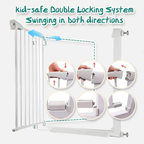 Heavy Duty Pet Safety Gate With Auto Close, double locking system detail, swings in both directions, pressure mount installation.