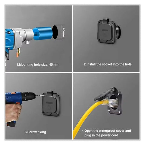 Installation guide for Heavy Duty 15A 125V Nema 5-15R RV Socket Waterproof Outdoor Electrical Outlet with 45mm mounting hole.