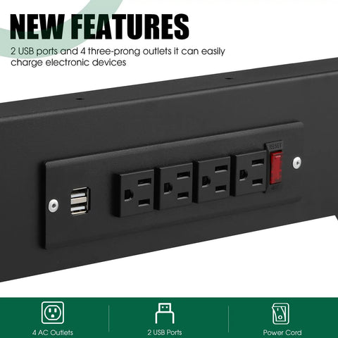 Heavy Duty Height Adjustable Workbench Frame Built Like A Beast Featuring Quick Connect AC And Dual USB Ports showing 2 USB ports and 4 outlets.