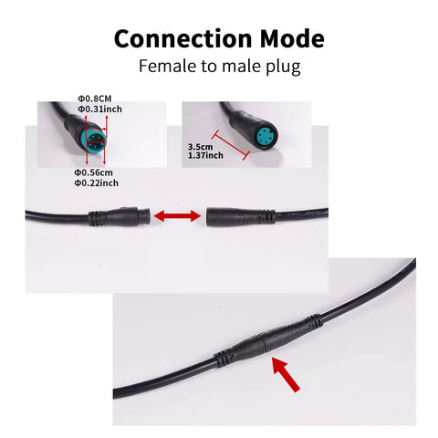 Waterproof Electric Bike Extension Cable Female to Male Connectors, 2Pin to 9Pin, 50cm to 150cm, Connection Mode Diagram