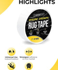 Double Sided Carpet Tape Heavy Duty Rug Gripper For Carpet Hardwood Floors Vinyl Tile And Concrete No Residue Easy Removal 2 By 10 Yards Strong Non Slip Grip For Area Rugs shown with product highlights