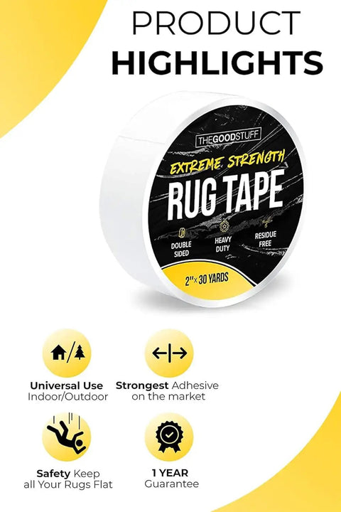 Double Sided Carpet Tape Heavy Duty Rug Gripper For Carpet Hardwood Floors Vinyl Tile And Concrete No Residue Easy Removal 2 By 10 Yards Strong Non Slip Grip For Area Rugs shown with product highlights
