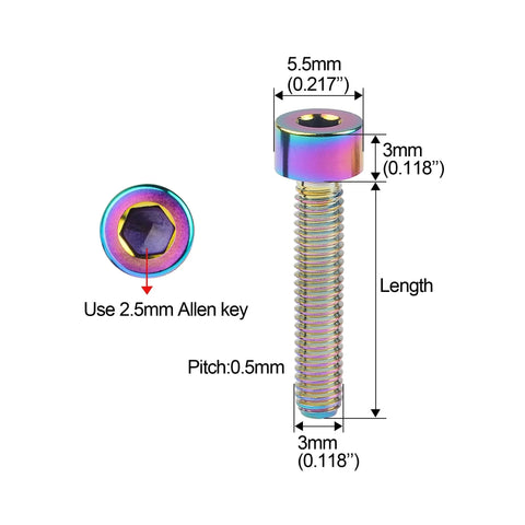 Top and side views of five M3 titanium socket head cap screws with rainbow anodized finish, 20mm long.