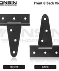 Front and back view of 4 Inch T Strap Shed Door Hinges 4 Pack Heavy Duty Black Finish For Wooden Fence Gate Outdoor Barn Door Hardware 2mm