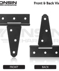 Front and back view of Beefy 4 Inch T Strap Door Hinges 2 Pack Black Countersunk Holes For Shed Doors And Wooden Fences Outdoor Barn Gate Hardware