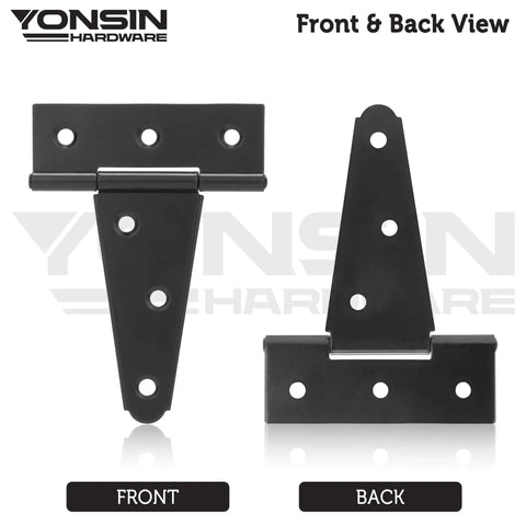 Front and back view of Beefy 4 Inch T Strap Door Hinges 2 Pack Black Countersunk Holes For Shed Doors And Wooden Fences Outdoor Barn Gate Hardware